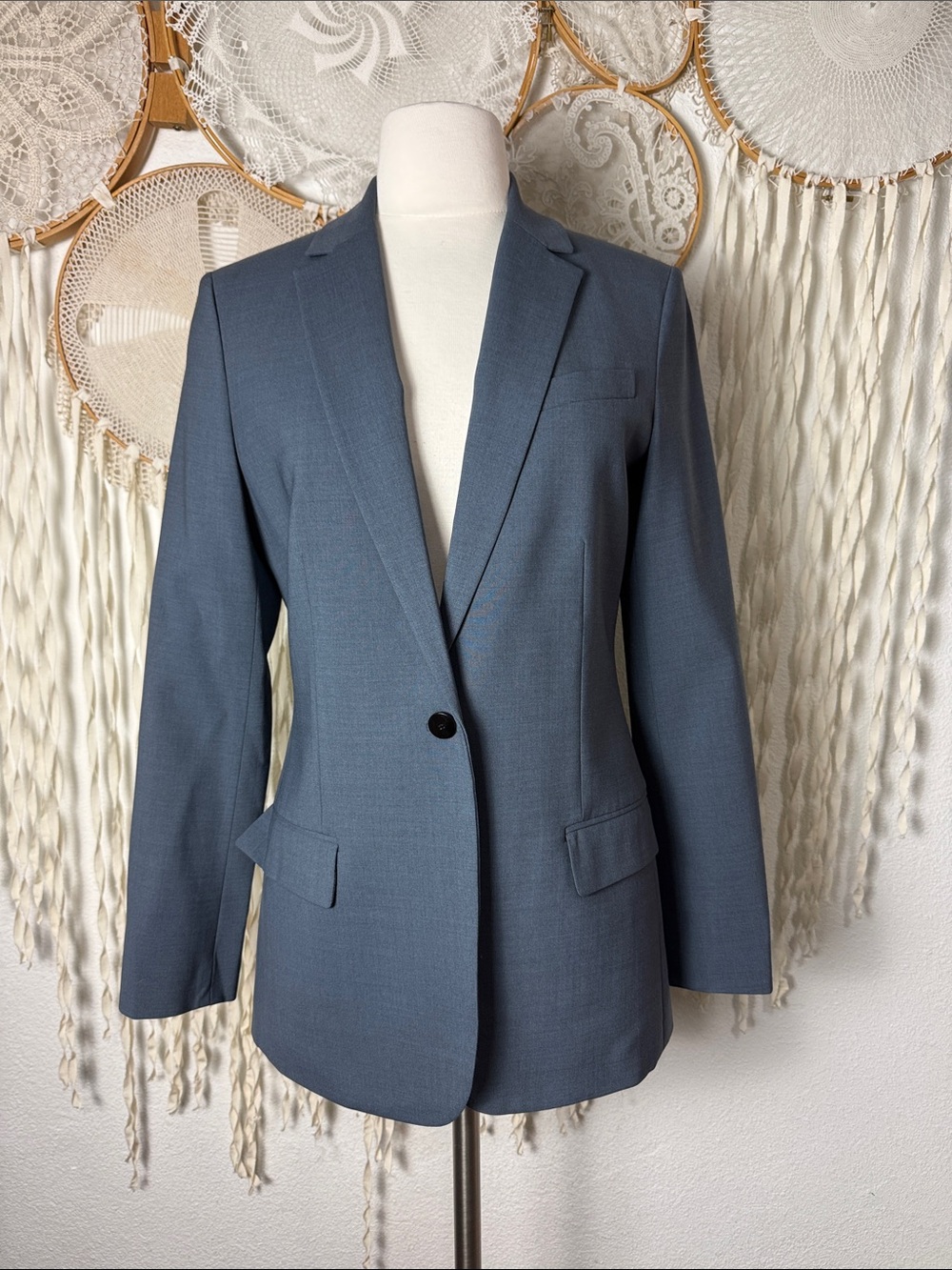 Theory Slate Blue Single Button Long Line Wool Blend Blazer Size 6